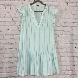 Monrow Mini Dress Blue Pinstripe Cotton Gauze Easy Ruffle V Neck
